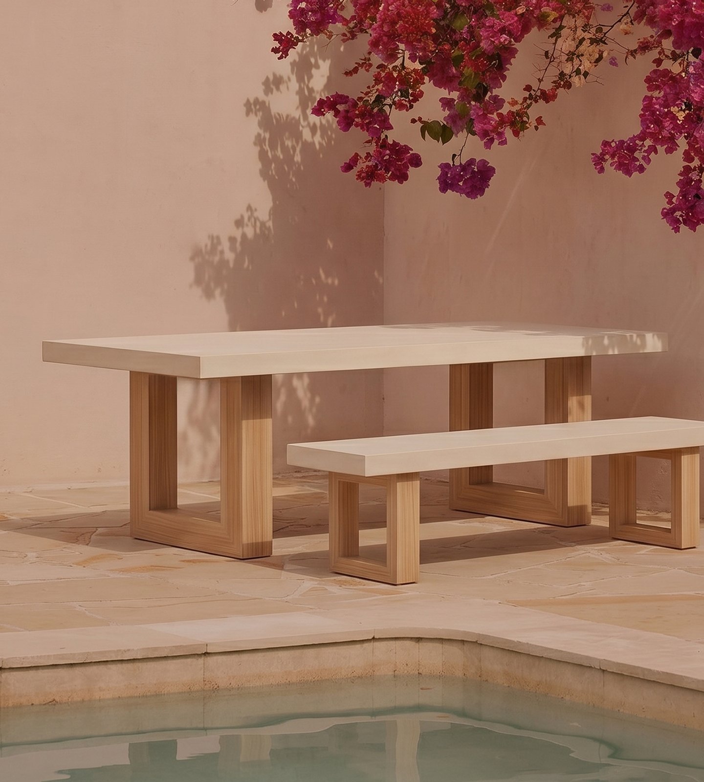 TimberStone concrete dining table and bench in Bone White beside a pool with bougainvillea overhead and pink plaster wall