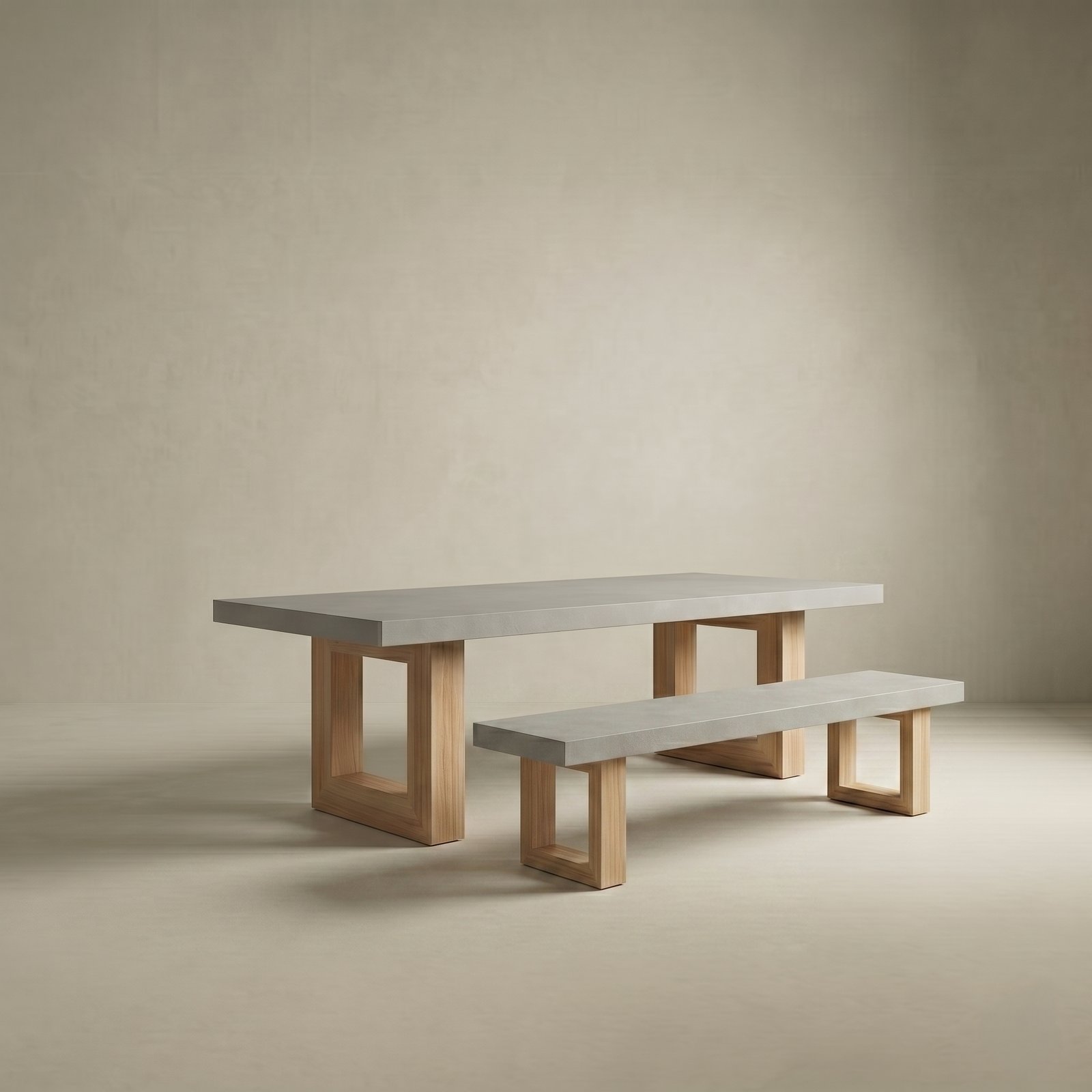 Studio render of the TimberStone concrete bench seat in light grey paired with matching dining table on natural Tasmanian Oak legs