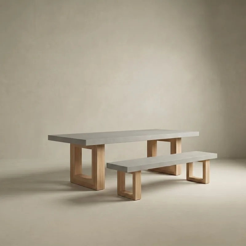 Studio render of the TimberStone concrete bench seat in light grey paired with matching dining table on natural Tasmanian Oak legs