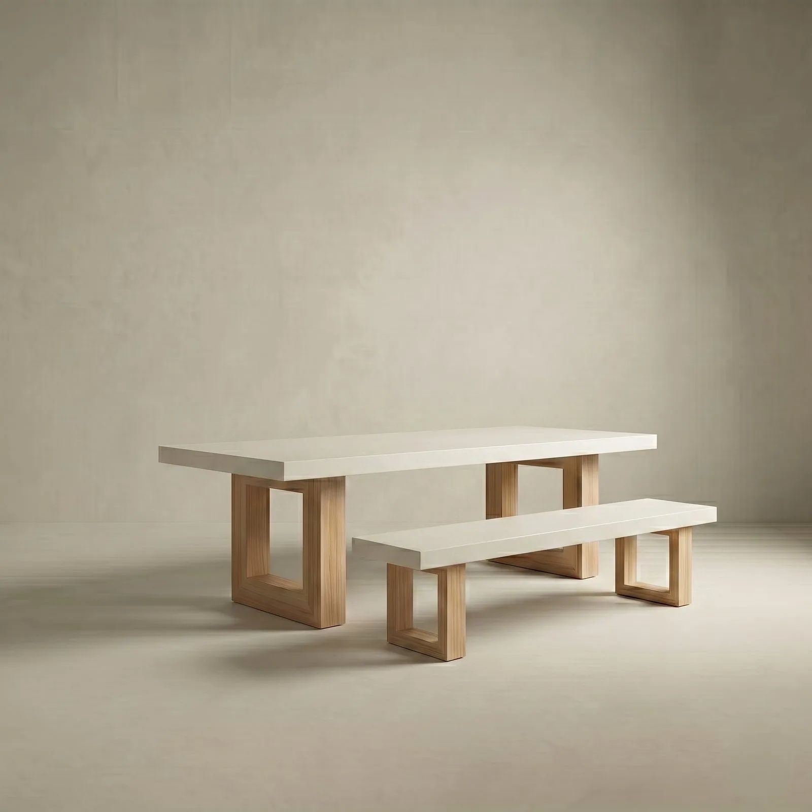 Studio render of the bone-white TimberStone concrete bench seat paired with the matching dining table on natural Tasmanian Oak legs