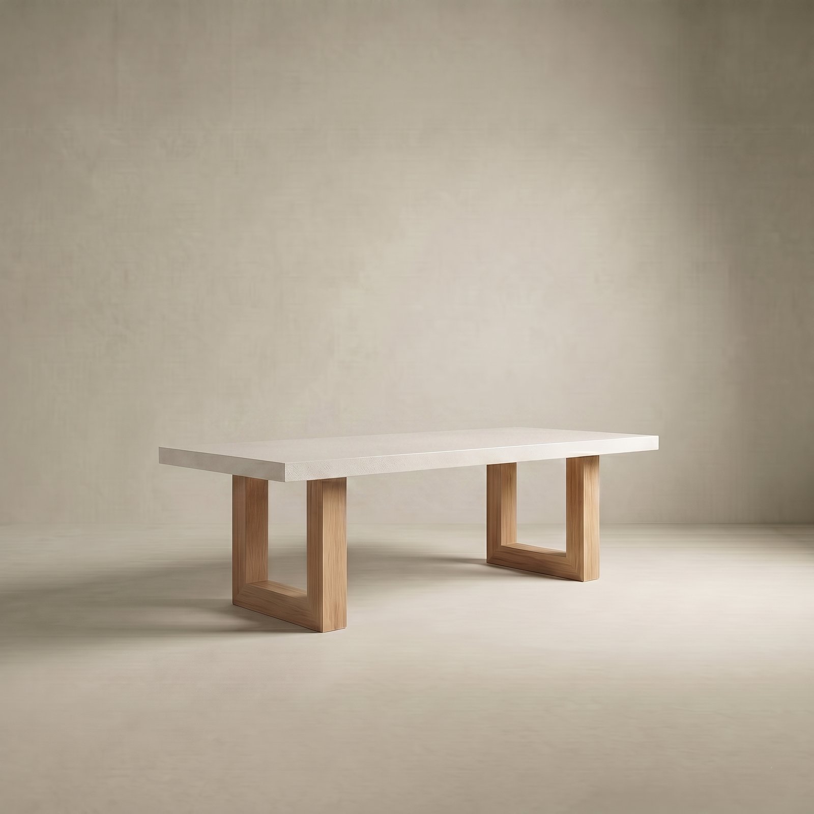 Studio render of the bone-white TimberStone concrete dining table on natural Tasmanian Oak open-frame legs