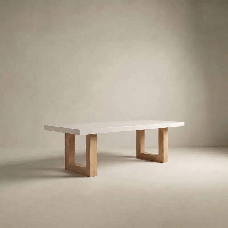 Studio render of the bone-white TimberStone concrete dining table on natural Tasmanian Oak open-frame legs