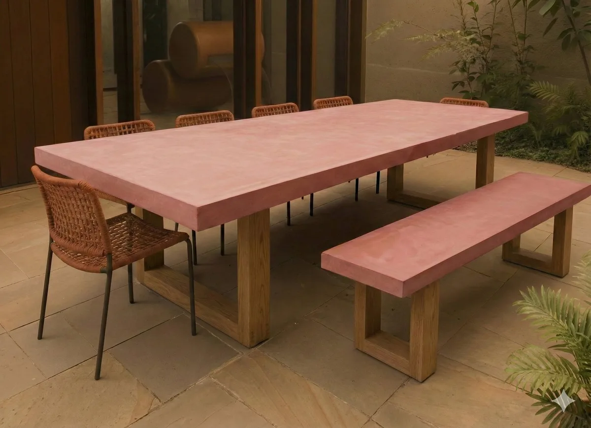 TimberStone concrete bench seat in salmon pigment by SnapCo, hand-cast in Mordialloc for outdoor and dining-room use