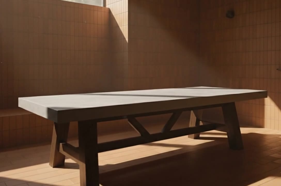 Farmhouse concrete dining table, studio video
