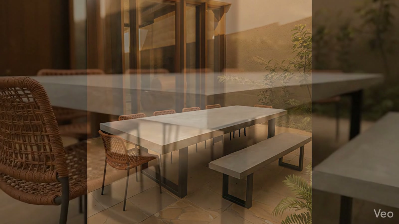 IronStone concrete dining table, slow cinematic zoom